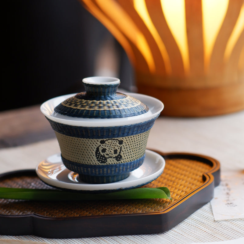 Handcrafted Bamboo-Woven White Porcelain Tea Bowl (Intangible Cultural Heritage)