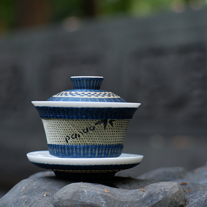 Handcrafted Bamboo-Woven White Porcelain Tea Bowl (Intangible Cultural Heritage)