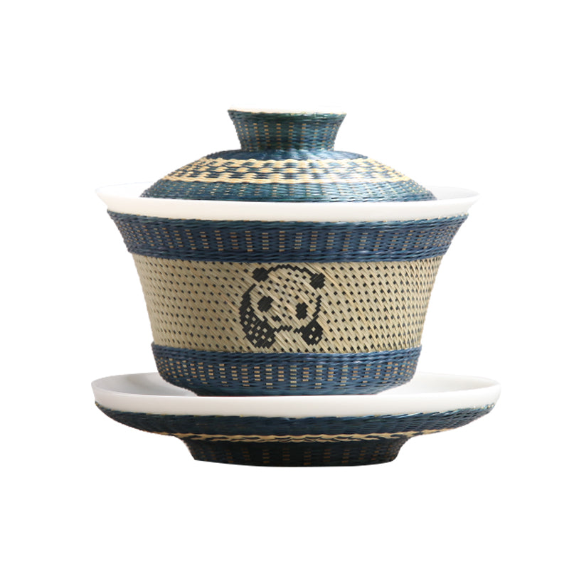 Handcrafted Bamboo-Woven White Porcelain Tea Bowl (Intangible Cultural Heritage)