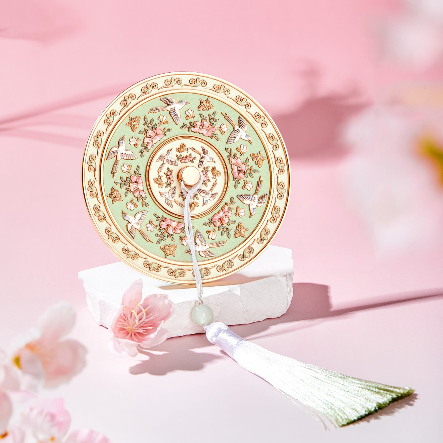 "Birds Fluttering Around Blossoming Branches" Portable Mirror - Oriental Treasures
