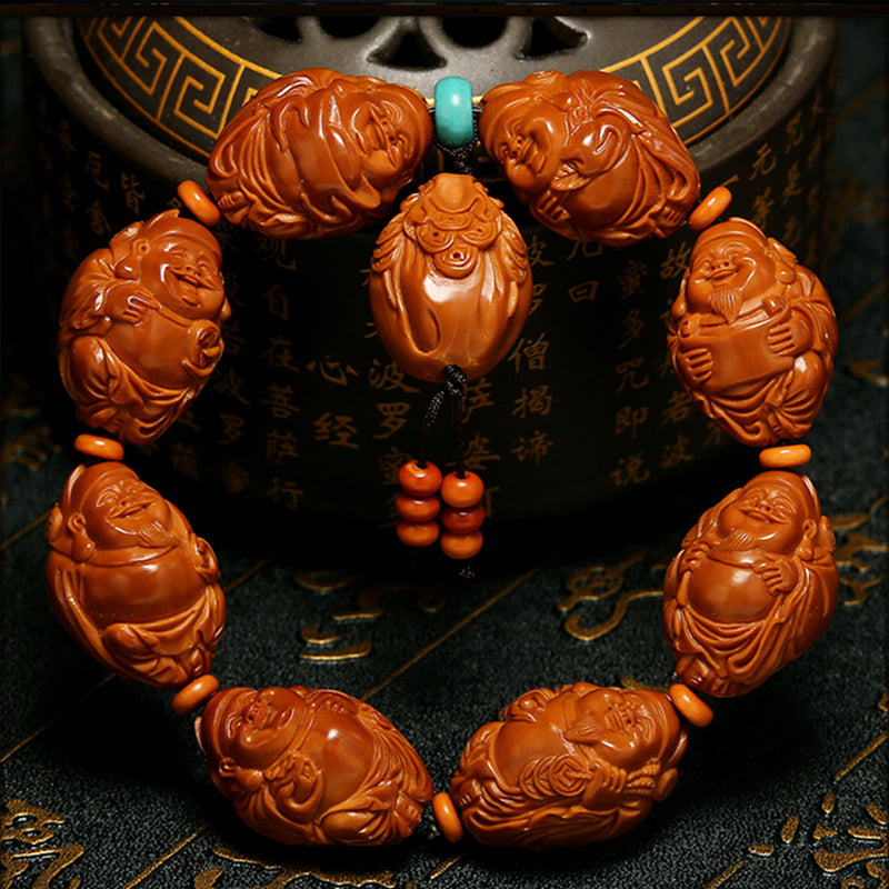 Olive Kernel Bracelet: Eight Treasures and the God of Wealth - Oriental Treasures