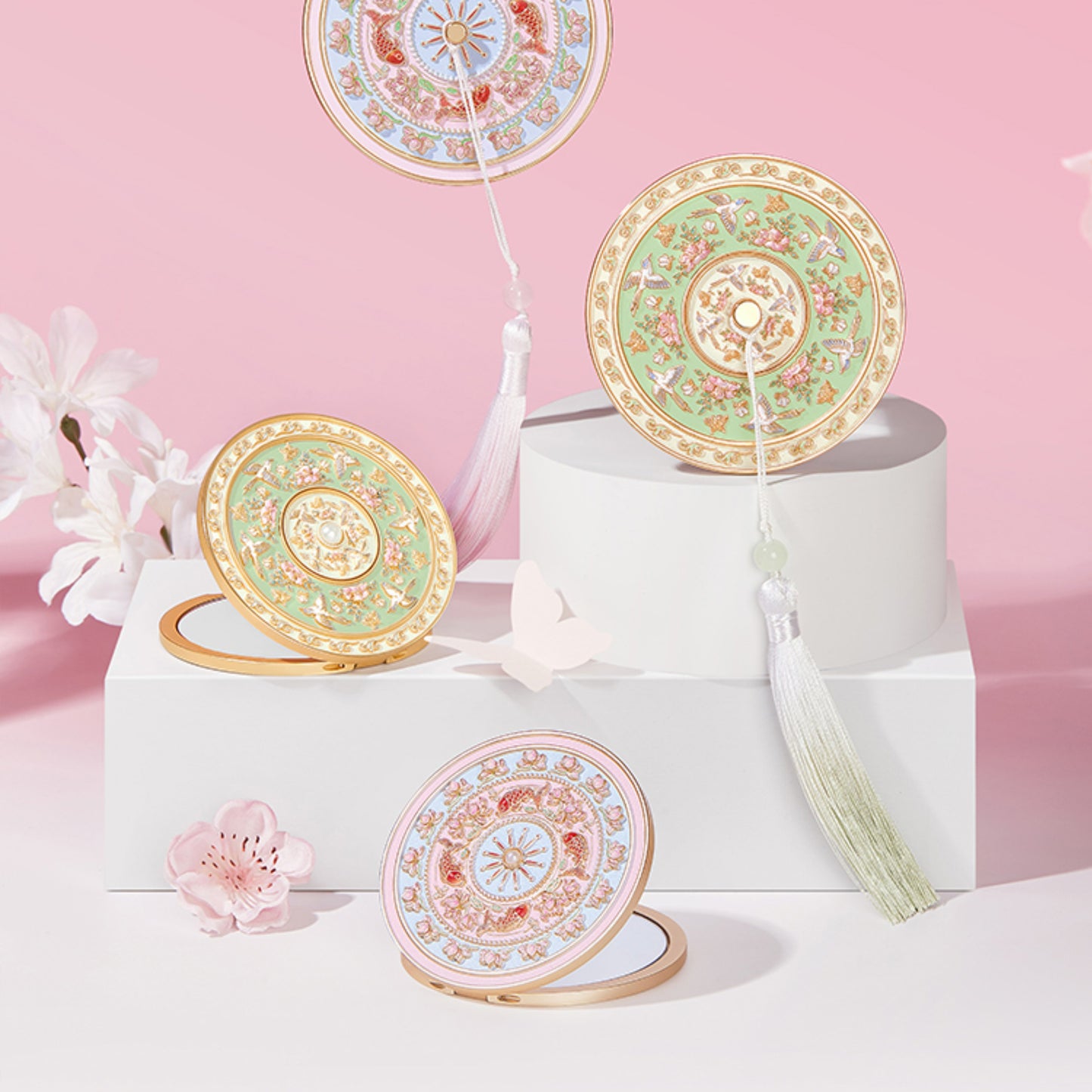 "Birds Fluttering Around Blossoming Branches" Portable Mirror - Oriental Treasures
