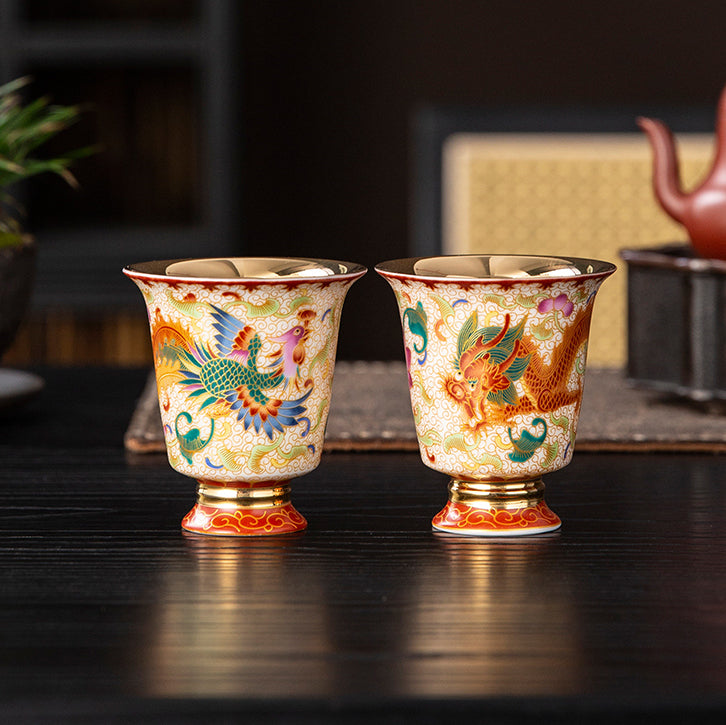 Dunhuang Gilded Porcelain Dragon & Phoenix Pair Cups (Auspicious Symbolism) - Oriental Treasures