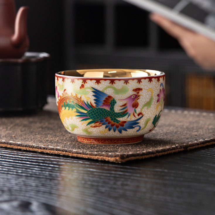 Dunhuang Gilded Porcelain Dragon & Phoenix Pair Cups (Auspicious Symbolism) - Oriental Treasures