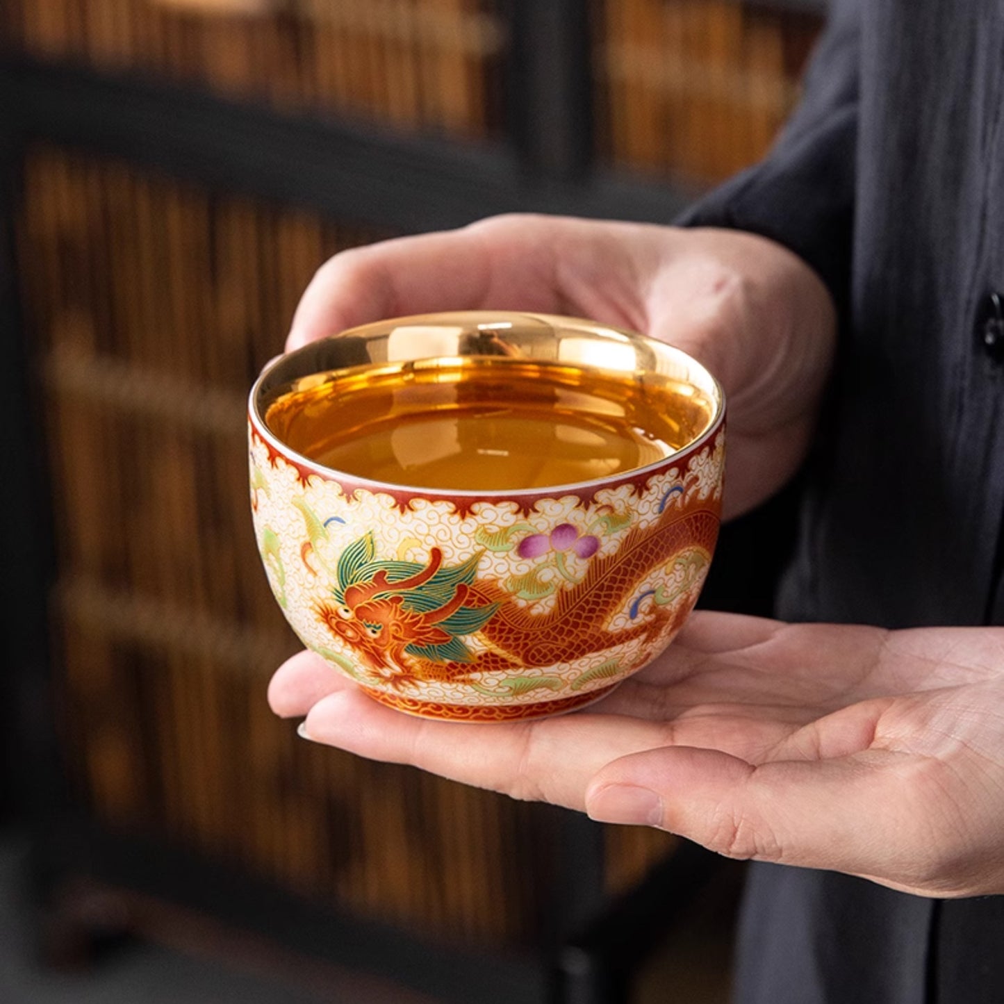 Dunhuang Gilded Porcelain Dragon & Phoenix Pair Cups (Auspicious Symbolism) - Oriental Treasures