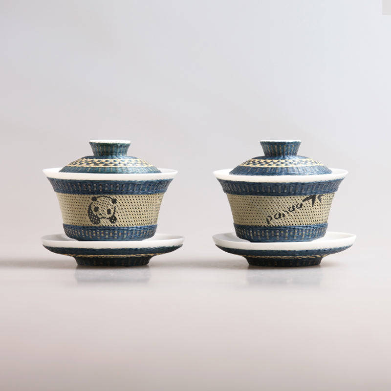 Handcrafted Bamboo-Woven White Porcelain Tea Bowl (Intangible Cultural Heritage)
