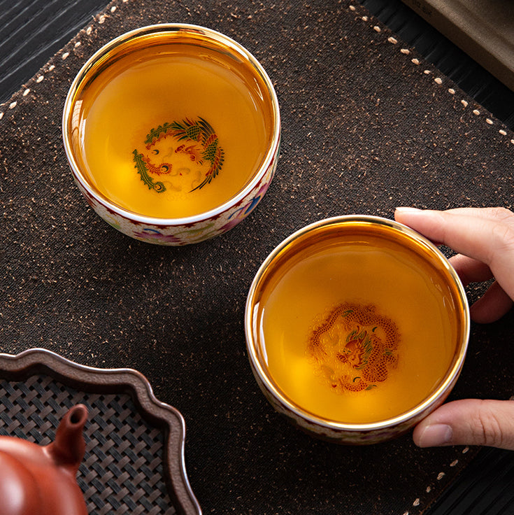Dunhuang Gilded Porcelain Dragon & Phoenix Pair Cups (Auspicious Symbolism) - Oriental Treasures