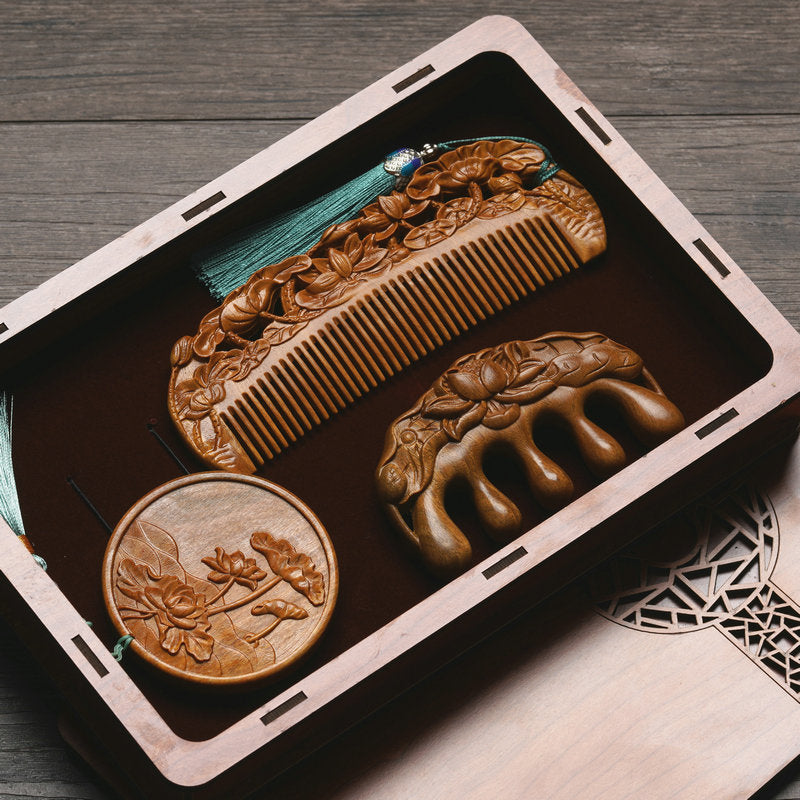 Custom Engraved Sandalwood Comb Set - Floral Green Acupressure Comb & Mirror Gift Box with Free Engraving