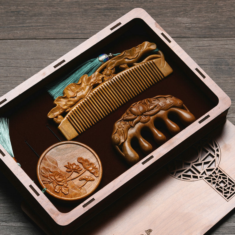 Custom Engraved Sandalwood Comb Set - Floral Green Acupressure Comb & Mirror Gift Box with Free Engraving
