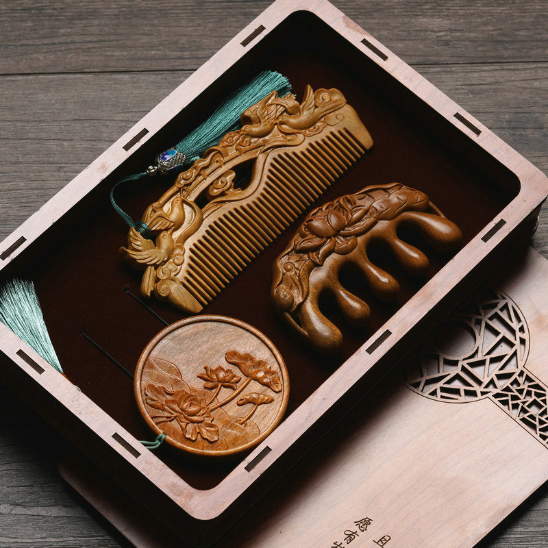 Custom Engraved Sandalwood Comb Set - Floral Green Acupressure Comb & Mirror Gift Box with Free Engraving