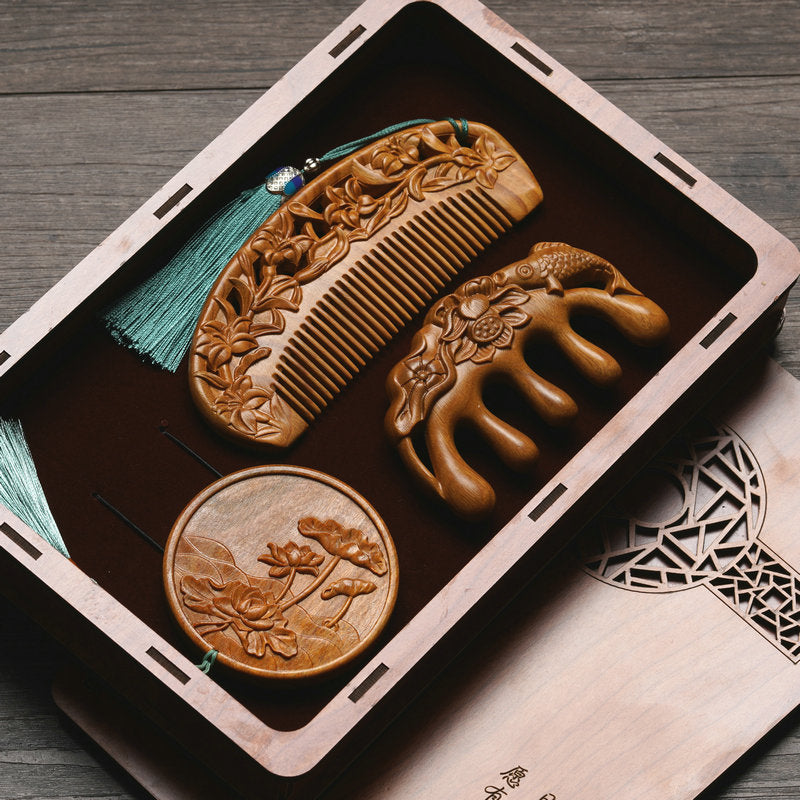 Custom Engraved Sandalwood Comb Set - Floral Green Acupressure Comb & Mirror Gift Box with Free Engraving