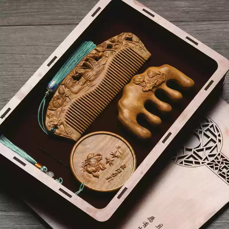 Custom Engraved Sandalwood Comb Set - Floral Green Acupressure Comb & Mirror Gift Box with Free Engraving