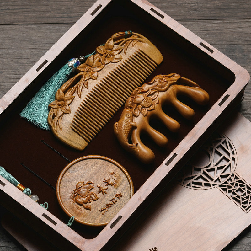 Custom Engraved Sandalwood Comb Set - Floral Green Acupressure Comb & Mirror Gift Box with Free Engraving