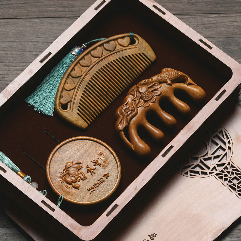 Custom Engraved Sandalwood Comb Set - Floral Green Acupressure Comb & Mirror Gift Box with Free Engraving