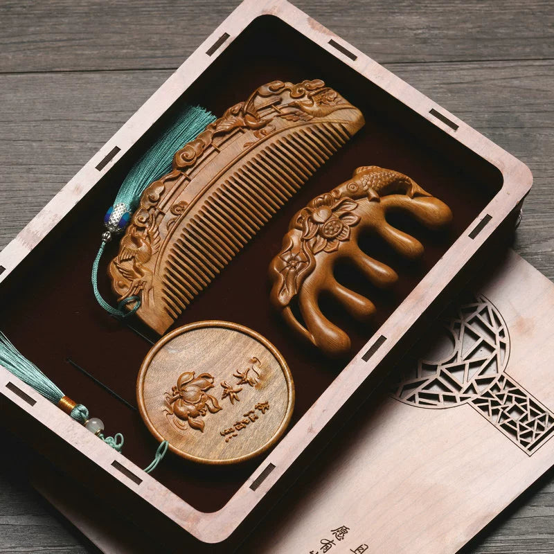 Custom Engraved Sandalwood Comb Set - Floral Green Acupressure Comb & Mirror Gift Box with Free Engraving