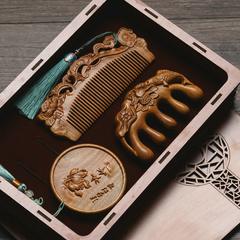Custom Engraved Sandalwood Comb Set - Floral Green Acupressure Comb & Mirror Gift Box with Free Engraving