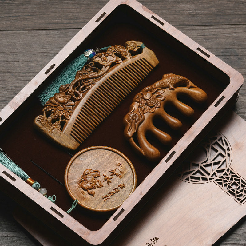 Custom Engraved Sandalwood Comb Set - Floral Green Acupressure Comb & Mirror Gift Box with Free Engraving