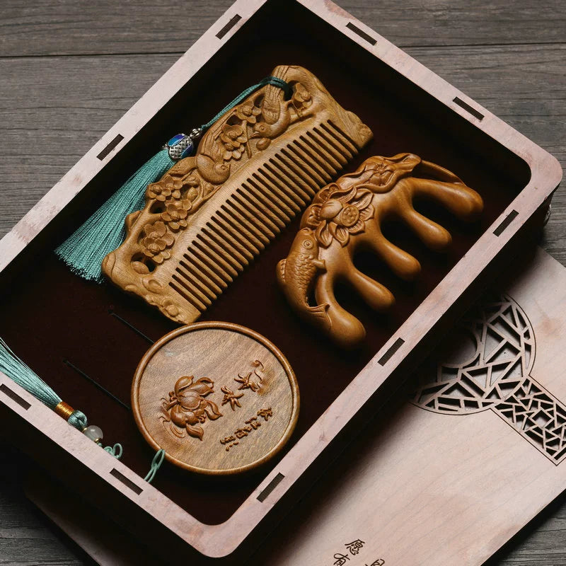 Custom Engraved Sandalwood Comb Set - Floral Green Acupressure Comb & Mirror Gift Box with Free Engraving
