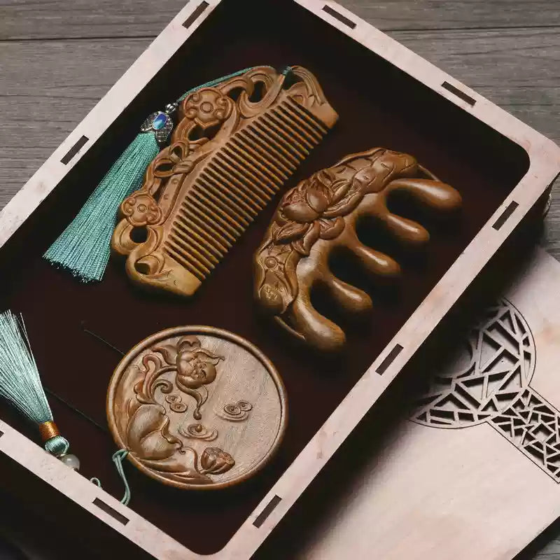 Custom Engraved Sandalwood Comb Set - Floral Green Acupressure Comb & Mirror Gift Box with Free Engraving