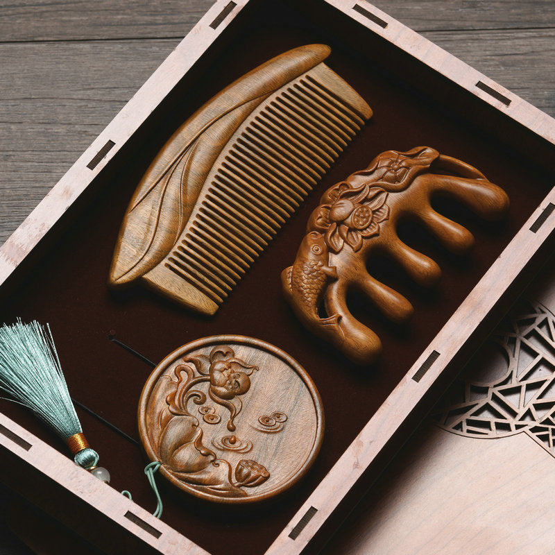 Custom Engraved Sandalwood Comb Set - Floral Green Acupressure Comb & Mirror Gift Box with Free Engraving