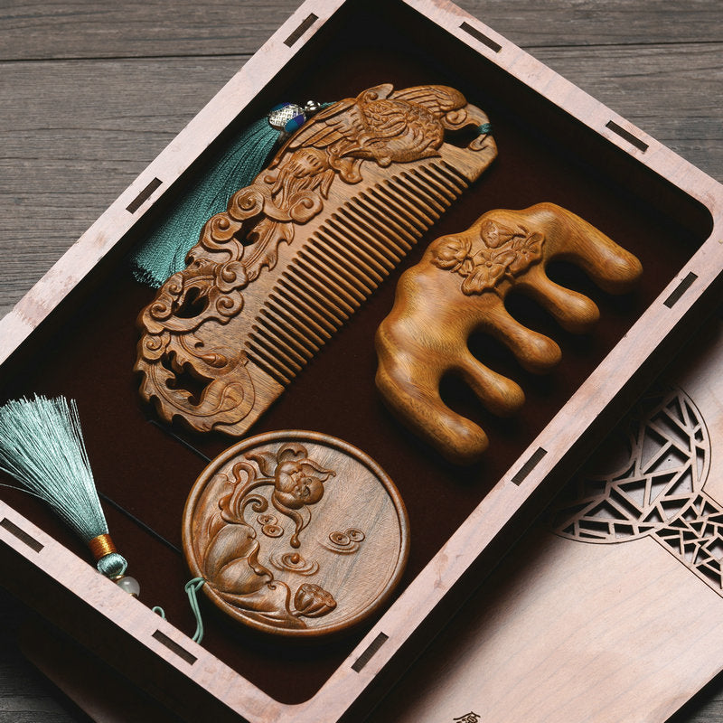 Custom Engraved Sandalwood Comb Set - Floral Green Acupressure Comb & Mirror Gift Box with Free Engraving