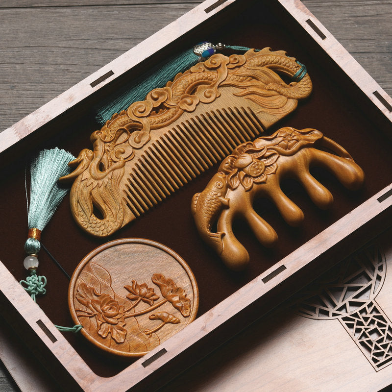 Custom Engraved Sandalwood Comb Set - Floral Green Acupressure Comb & Mirror Gift Box with Free Engraving