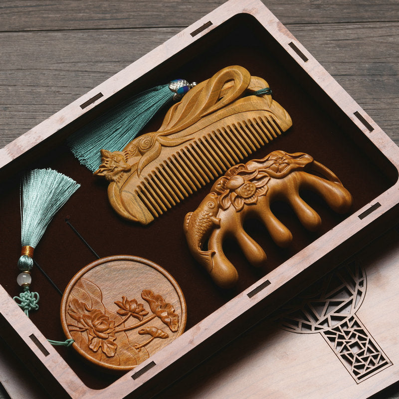 Custom Engraved Sandalwood Comb Set - Floral Green Acupressure Comb & Mirror Gift Box with Free Engraving