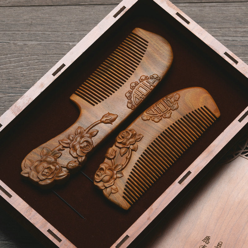 Custom Engraved Sandalwood Comb Set - Floral Green Acupressure Comb & Mirror Gift Box with Free Engraving