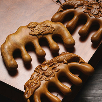 Custom Engraved Sandalwood Comb Set - Floral Green Acupressure Comb & Mirror Gift Box with Free Engraving