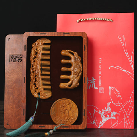 Custom Engraved Sandalwood Comb Set - Floral Green Acupressure Comb & Mirror Gift Box with Free Engraving