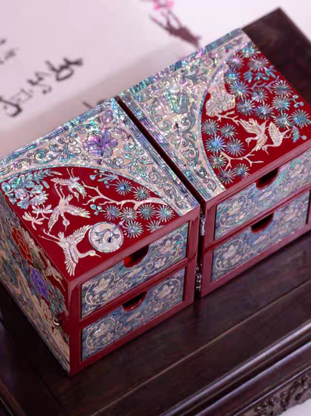 Chinese Mother-of-Pearl Jewelry Box - Handmade Luodian Lacquerware with Double/Triple Doors, ICH Heritage Art