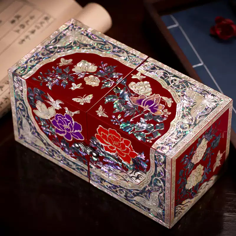 Chinese Mother-of-Pearl Jewelry Box - Handmade Luodian Lacquerware with Double/Triple Doors, ICH Heritage Art
