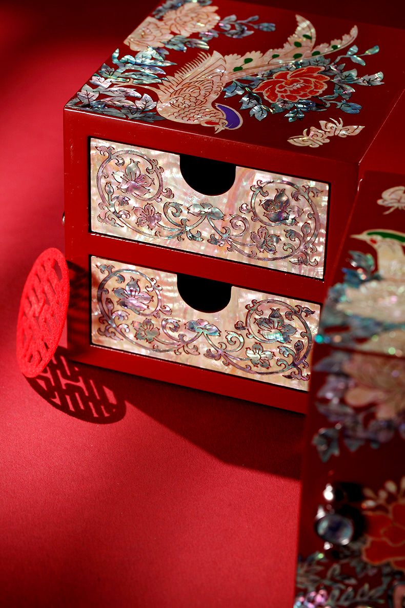 Chinese Mother-of-Pearl Jewelry Box - Handmade Luodian Lacquerware with Double/Triple Doors, ICH Heritage Art