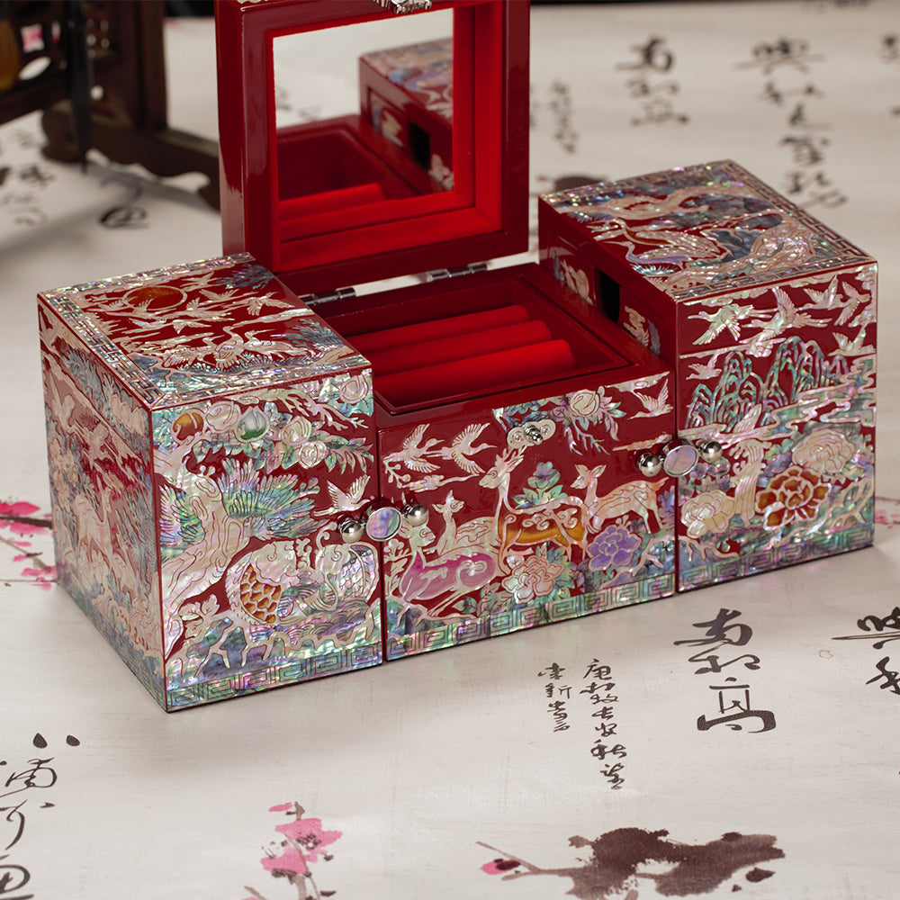 Chinese Mother-of-Pearl Jewelry Box - Handmade Luodian Lacquerware with Double/Triple Doors, ICH Heritage Art