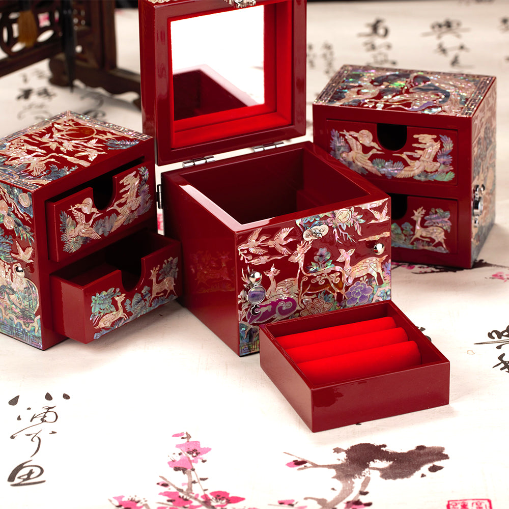 Chinese Mother-of-Pearl Jewelry Box - Handmade Luodian Lacquerware with Double/Triple Doors, ICH Heritage Art