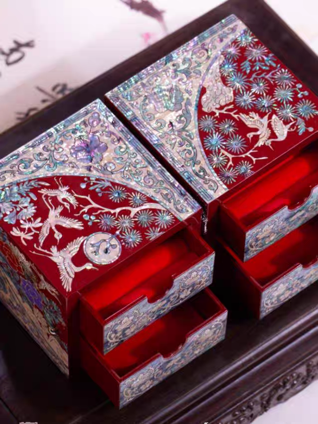 Chinese Mother-of-Pearl Jewelry Box - Handmade Luodian Lacquerware with Double/Triple Doors, ICH Heritage Art
