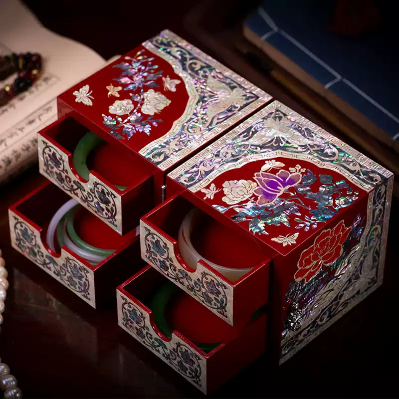 Chinese Mother-of-Pearl Jewelry Box - Handmade Luodian Lacquerware with Double/Triple Doors, ICH Heritage Art