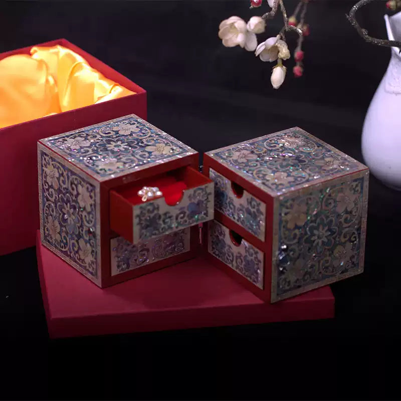 Chinese Mother-of-Pearl Jewelry Box - Handmade Luodian Lacquerware with Double/Triple Doors, ICH Heritage Art