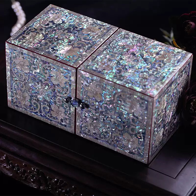 Chinese Mother-of-Pearl Jewelry Box - Handmade Luodian Lacquerware with Double/Triple Doors, ICH Heritage Art