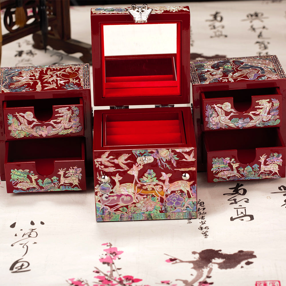 Chinese Mother-of-Pearl Jewelry Box - Handmade Luodian Lacquerware with Double/Triple Doors, ICH Heritage Art