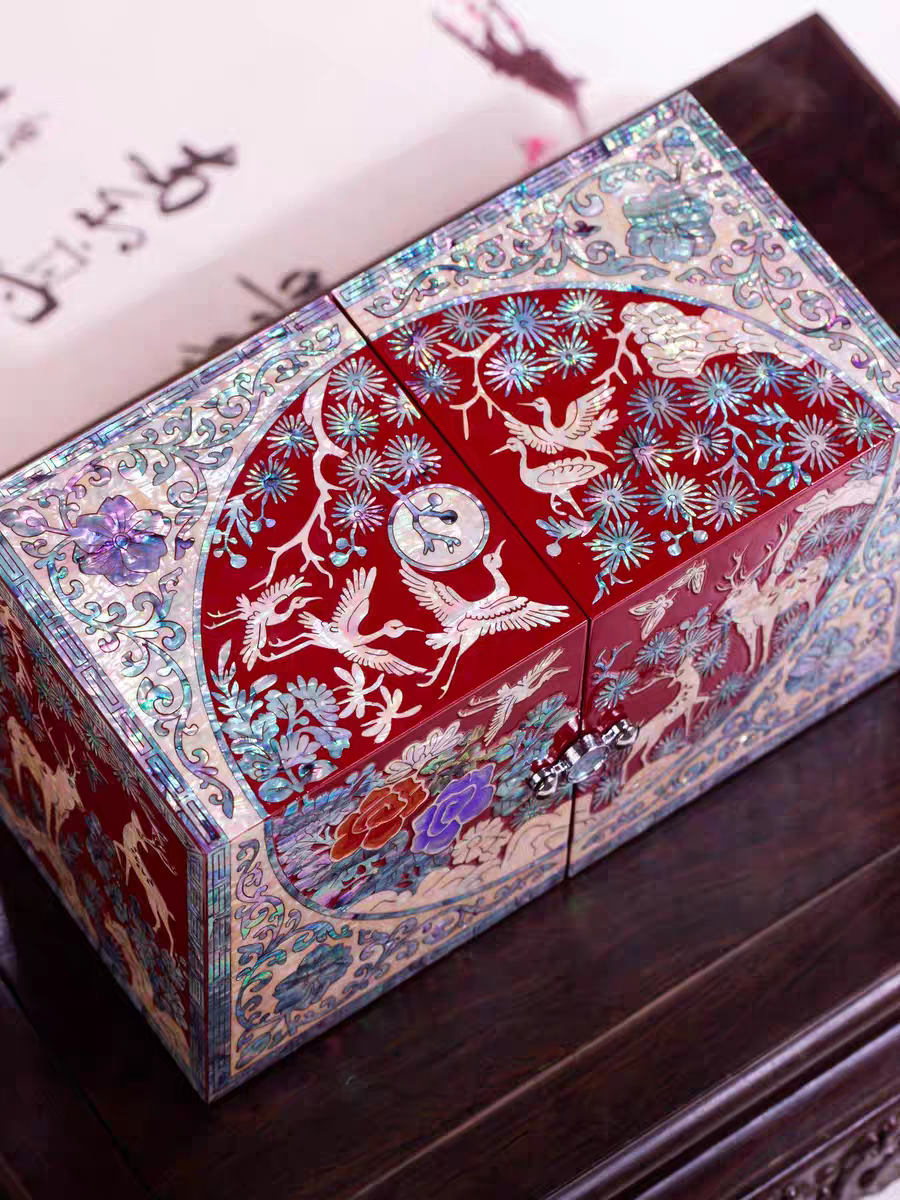 Chinese Mother-of-Pearl Jewelry Box - Handmade Luodian Lacquerware with Double/Triple Doors, ICH Heritage Art