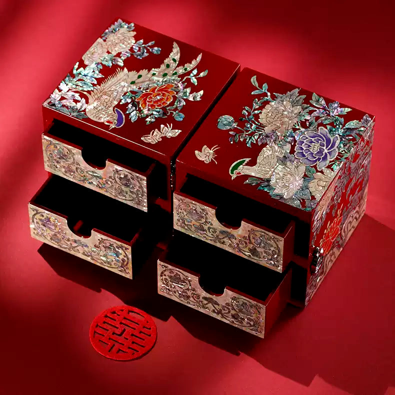 Chinese Mother-of-Pearl Jewelry Box - Handmade Luodian Lacquerware with Double/Triple Doors, ICH Heritage Art