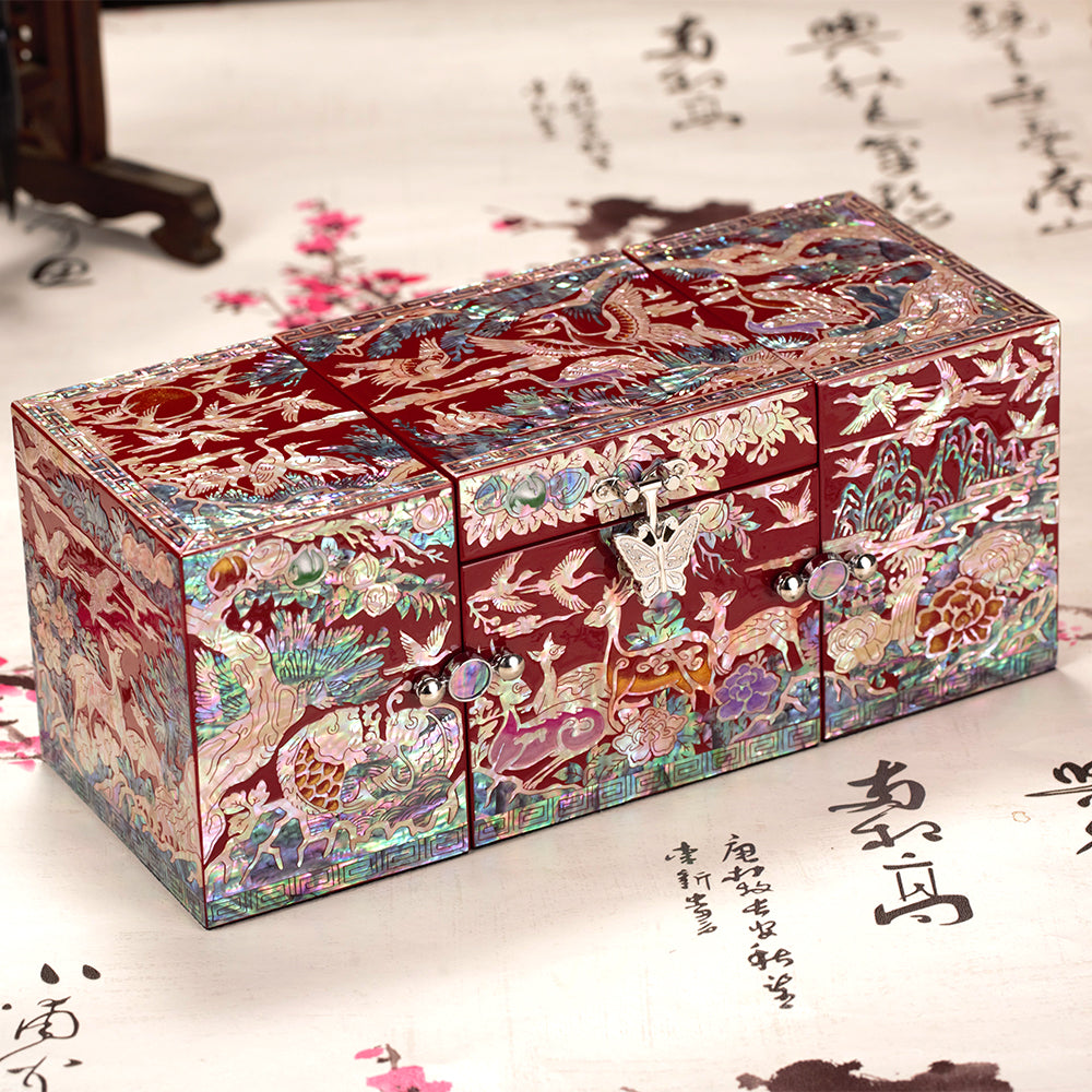 Chinese Mother-of-Pearl Jewelry Box - Handmade Luodian Lacquerware with Double/Triple Doors, ICH Heritage Art