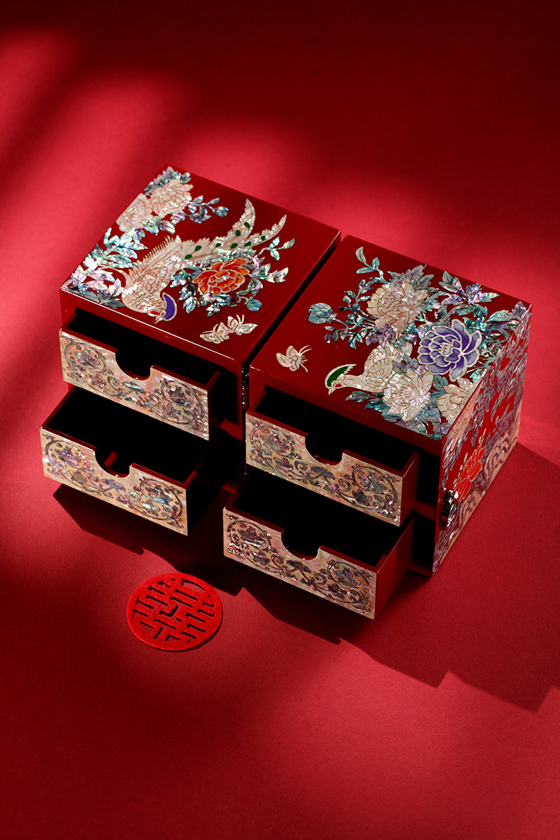 Chinese Mother-of-Pearl Jewelry Box - Handmade Luodian Lacquerware with Double/Triple Doors, ICH Heritage Art