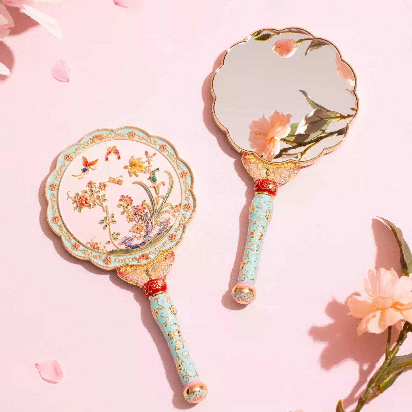 Birds Fluttering Portable Mirror with Blossoming Branches Design