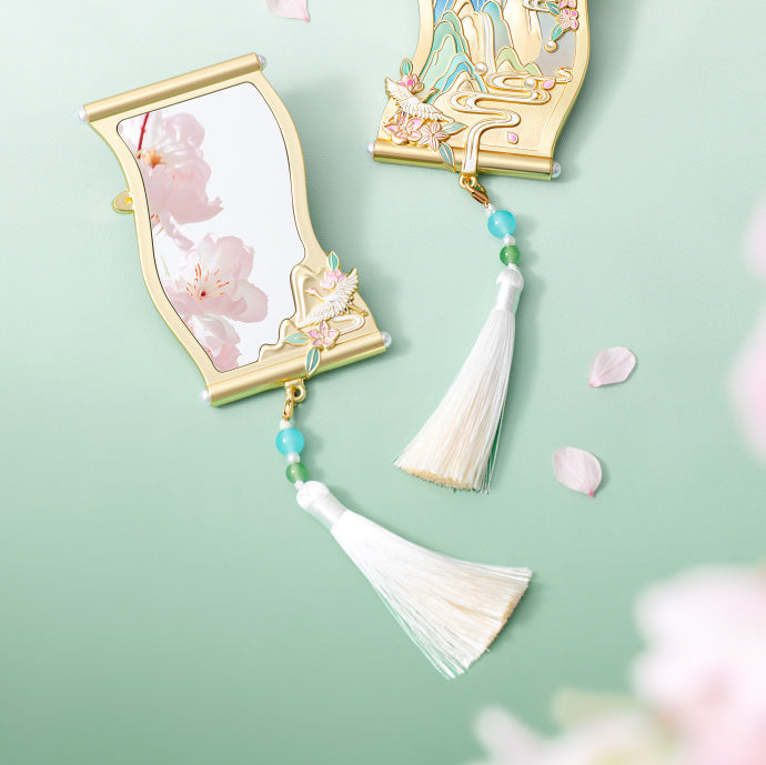 Birds Fluttering Portable Mirror with Blossoming Branches Design