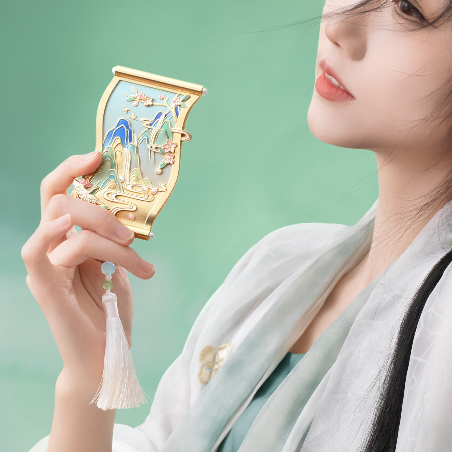 Birds Fluttering Portable Mirror with Blossoming Branches Design