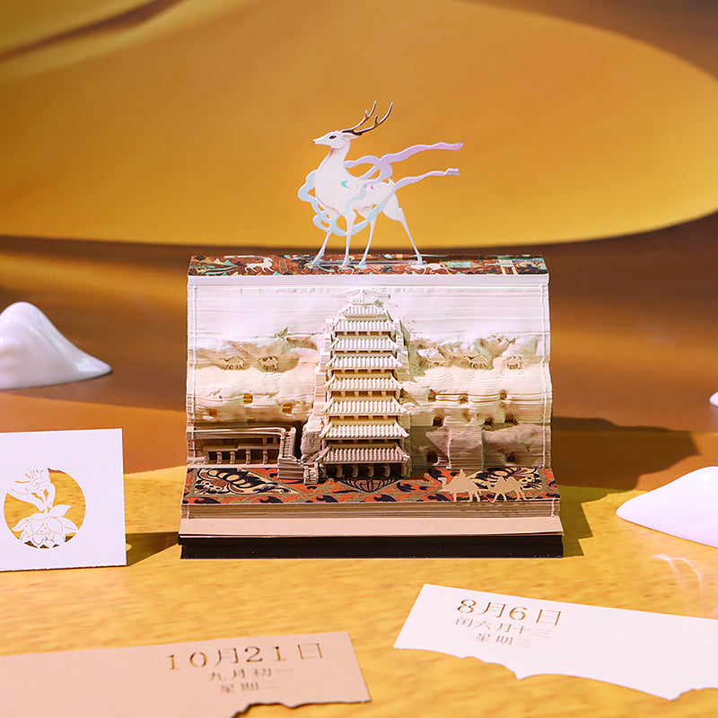 Dunhuang Mogao Grottoes Double-Sided 3D Paper-Cut Sculpture Desk Calendar & Notepad - Oriental Treasures