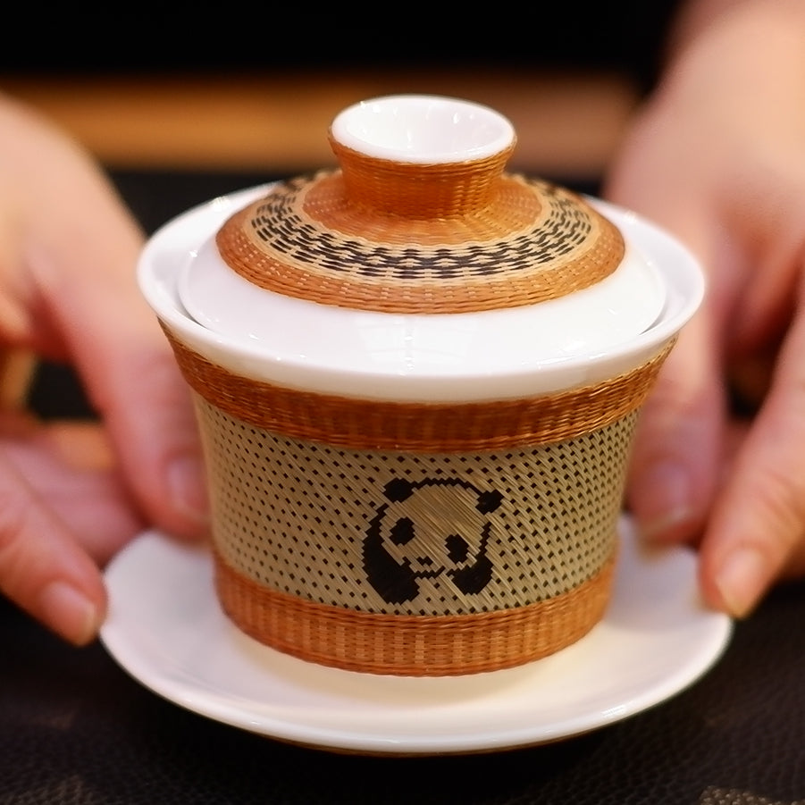 Handcrafted Bamboo-Woven White Porcelain Tea Bowl (Intangible Cultural Heritage)