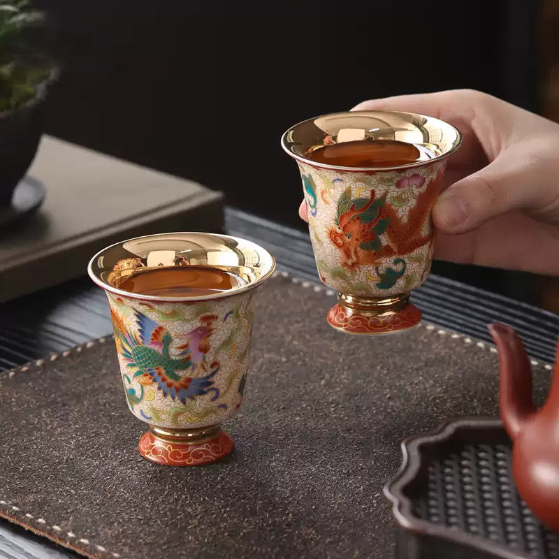 Dunhuang Gilded Porcelain Dragon & Phoenix Pair Cups (Auspicious Symbolism) - Oriental Treasures
